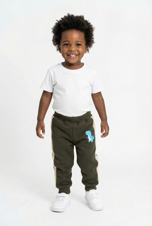 Calça de Moletom Infantil Menino Verde Escuro Dinossauro Azul Faixa Lateral