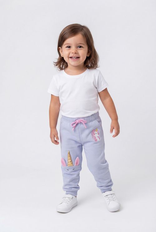 Calça Moletom Infantil Menina Lilás Unicórnio Mágico 3D