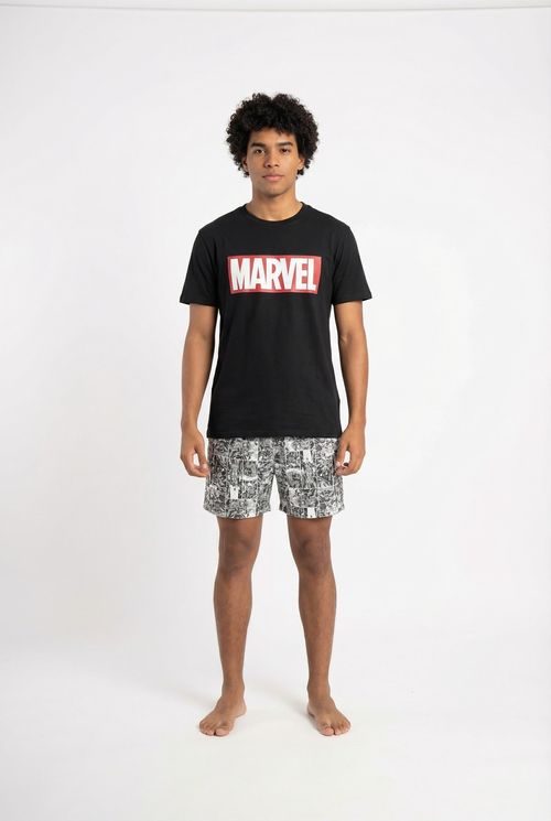 Pijama Masculino Preto/Animal Print Logo Marvel e Heróis