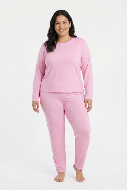 Pijama Longo Feminino Rosa Médio Liso