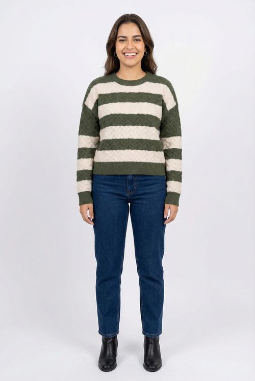 Trico fem casual fcal411 m/l listrado verde escuro