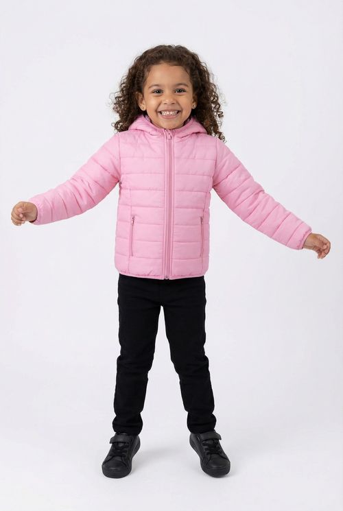 Jaqueta Puffer Infantil Menina Rosa Claro com Capuz