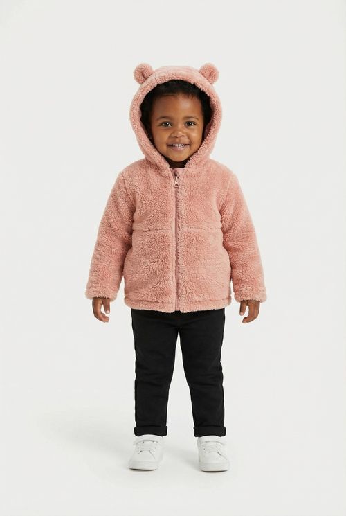 Jaqueta Infantil Menina Rosa com Capuz de Orelhas de Urso