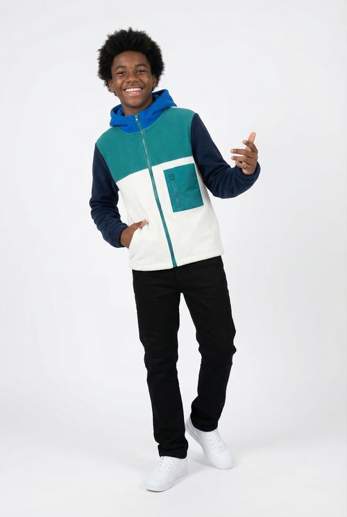 Jaqueta Sherpa Juvenil Color Block Azul Marinho, Branco e Verde