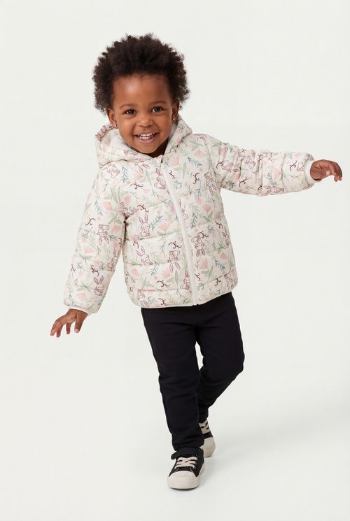 Jaqueta Puffer Infantil Menina Creme Floral Coelhinhos