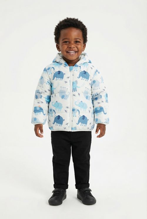 Jaqueta Puffer Infantil Menino Azul Estampa Elefantes c/ Capuz