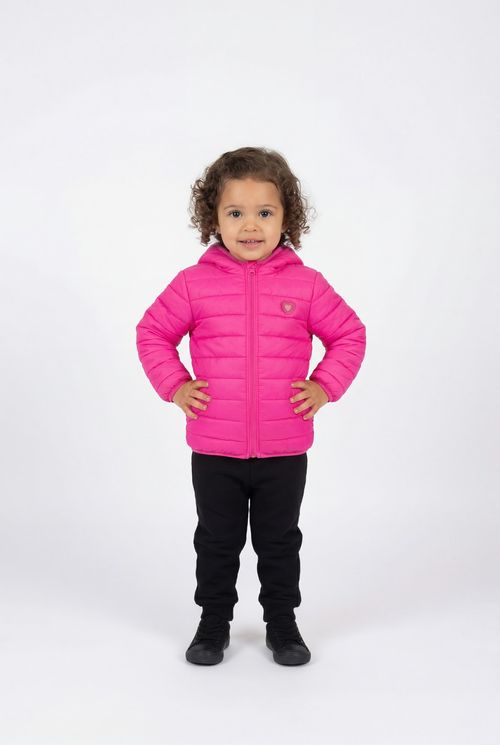 Jaqueta Puffer Infantil Menina Rosa Neon Coração