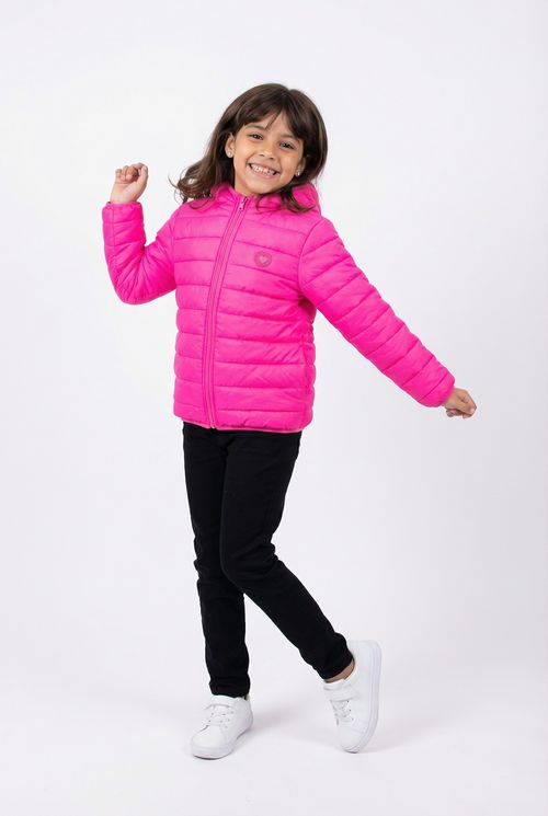Jaqueta Puffer Infantil Menina Rosa Neon com Capuz Coração
