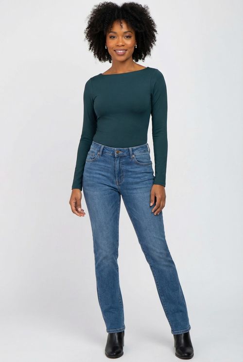 Blusa Body Decote Canoa Manga Longa Feminina Verde Escuro