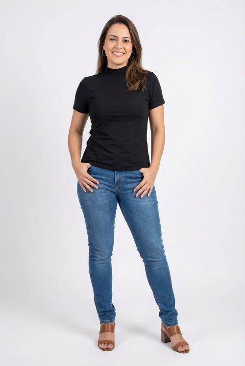 Blusa Gola Alta Manga Curta Feminina Preta Lisa