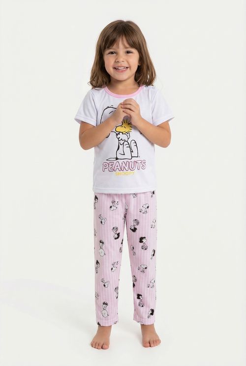 Pijama Infantil Menina Rosa Claro Snoopy e Woodstock Peanuts