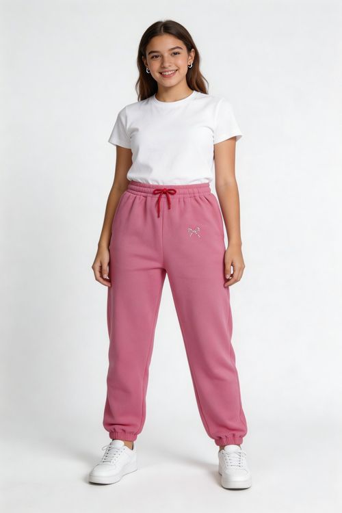Calça Jogger Infantil Menina Rosa Pink Laço Strass