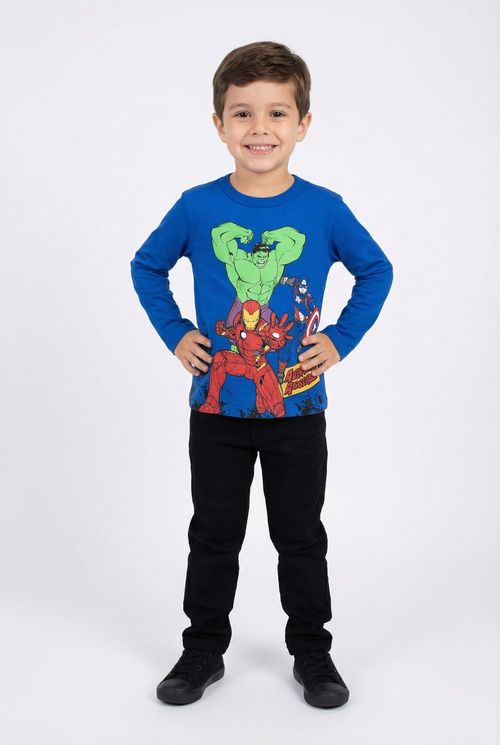 Camiseta Manga Longa Infantil Menino Azul Vingadores
