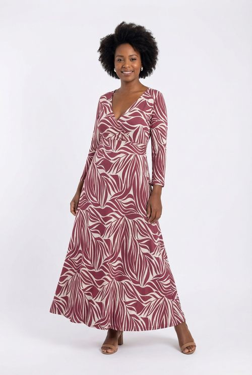 Vestido Longo Feminino Marsala Estampa Folhas