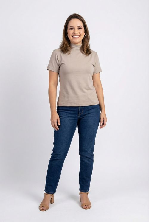 Blusa fem rom prog m/c gola alta bg cl bege claro