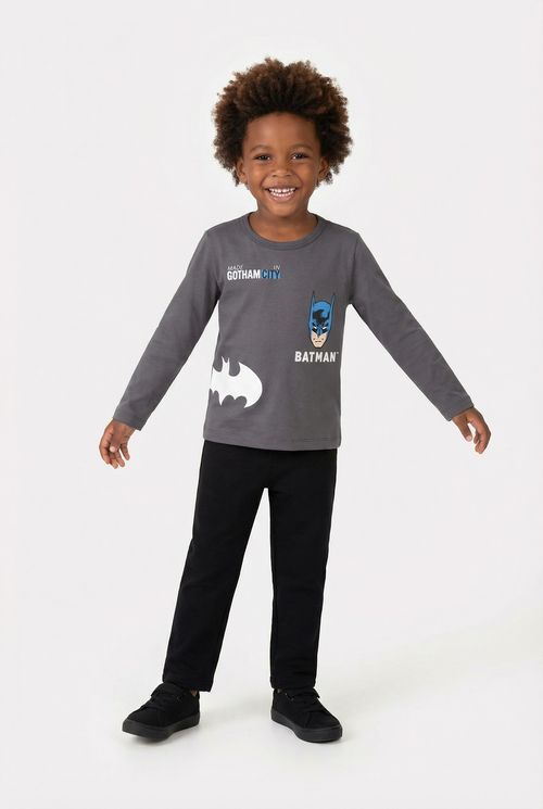Camiseta Infantil Menino Cinza Escuro Mescla Manga Longa Batman