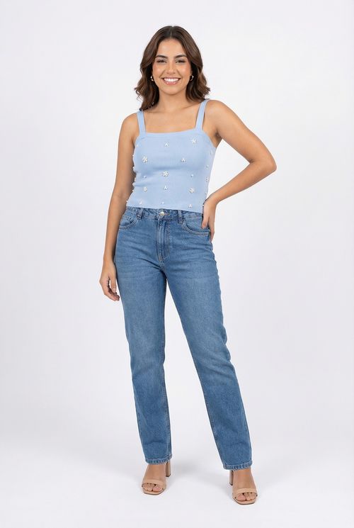 Blusa fem rom frl196 s/m tricot perolas azul claro