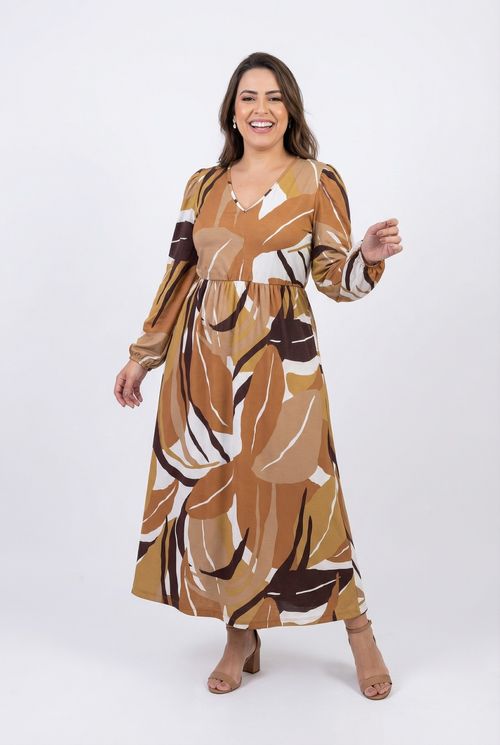 Vestido Longo Fluido Feminino Estampa Abstrata Folhagem
