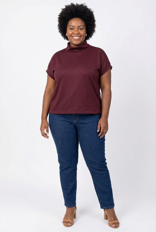 Blusa Feminina Vinho Gola Rolê Manga Curta