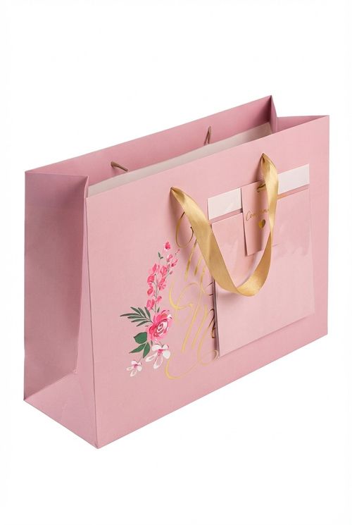 Sacola de Presente Dia das Mães Rosa Floral Fita Dourada