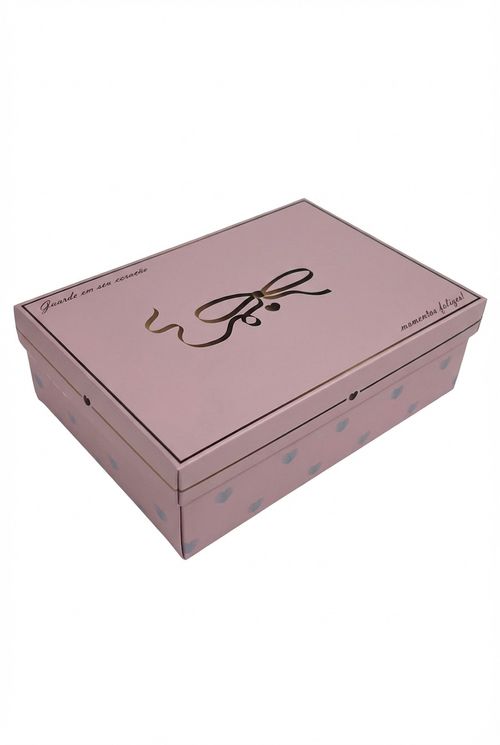 Caixa de Presente Infantil Menina Rosa Laço Dourado Corações