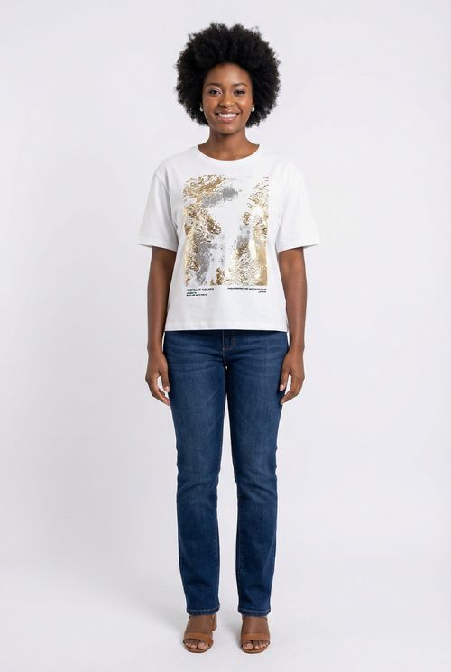 Blusa Feminina Off White Estampa Abstrata Foil Dourado e Prata