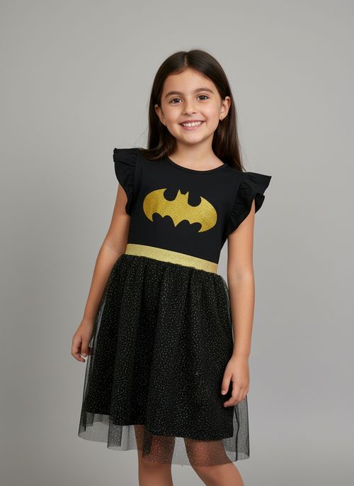 Camisola Pijama Infantil Menina Preto Dourado Batman Tule Brilhante