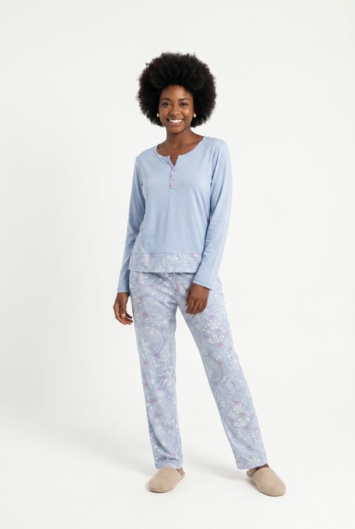 Conjunto Pijama Longo Feminino Azul Claro Estampa Paisley