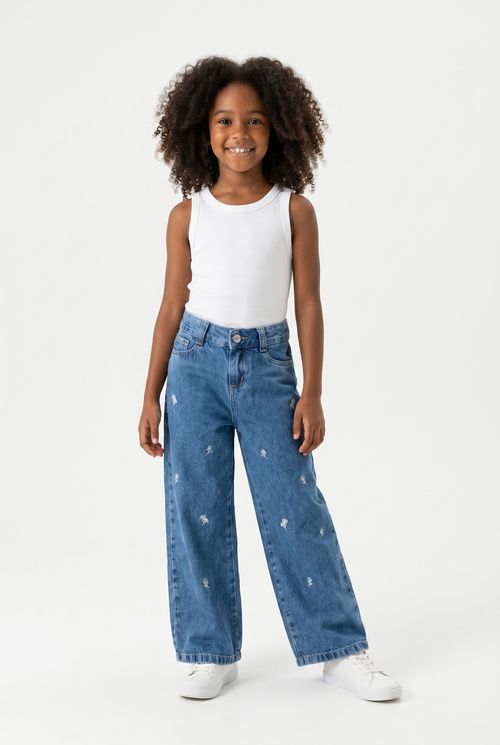 Calça Jeans Infantil Menina Azul Bordado Floral Delicado