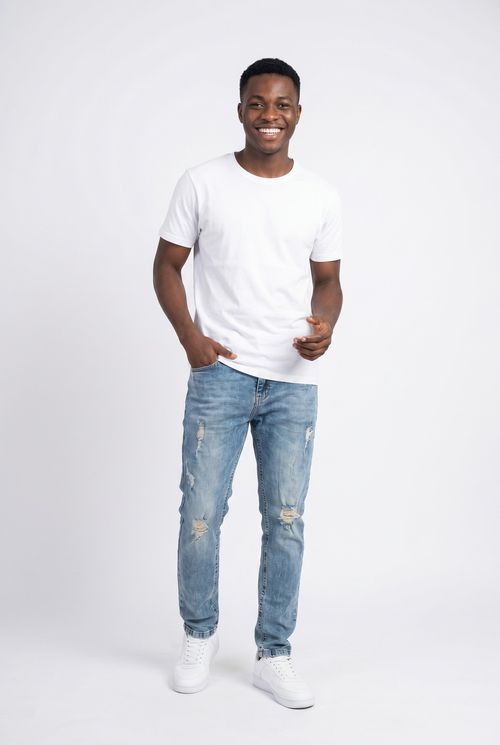 Calça Jeans Skinny Masculino Azul Claro Destroyed