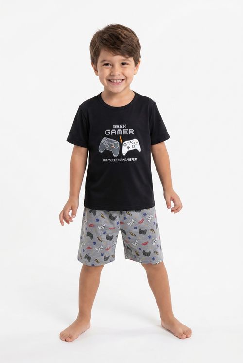 Conjunto Pijama Infantil Menino Preto Geek Gamer e Controles