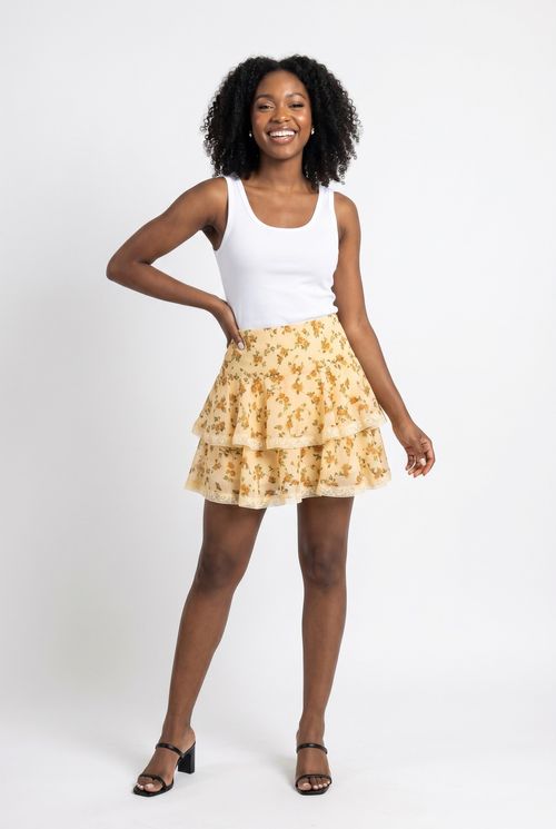 Fem rom fri027 saia renda floral amarelo estampado