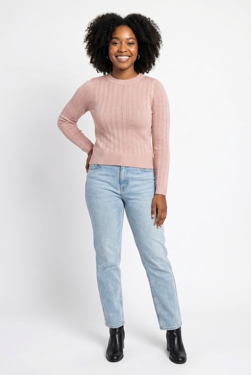 Blusa fem rom frl190 m/l tricot lurex rosa claro