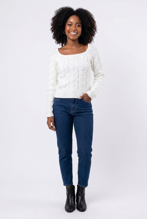 Blusa fem rom frl195 tricot dec quadrado off white
