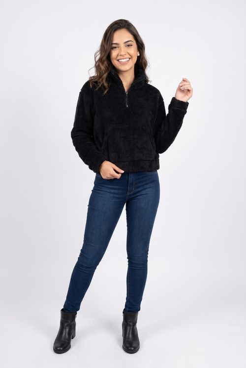 Top moletom fem fsh ffm080 canguru e zip preto