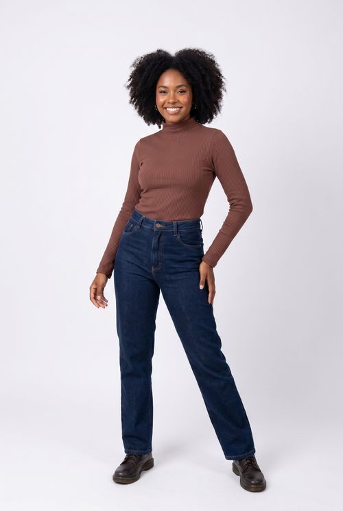 Blusa Feminina Gola Alta Canelada Marrom Canela