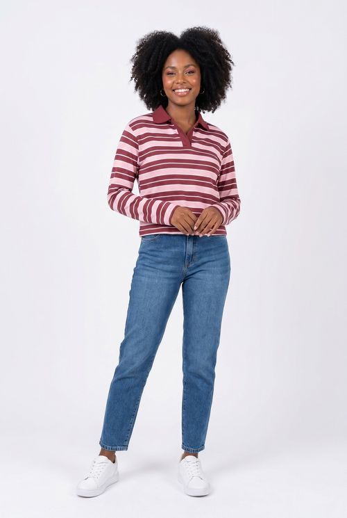 Blusa Polo Feminina Rosa e Bordô Listrada