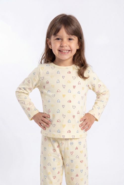 Pijama Conjunto Infantil Menina Amarelo Claro Corações Coloridos