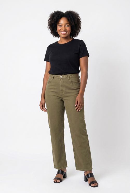 Calça Feminina Reta Cintura Alta Verde Oliva