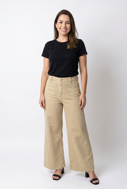 Calça Wide Leg Feminina Marrom Claro