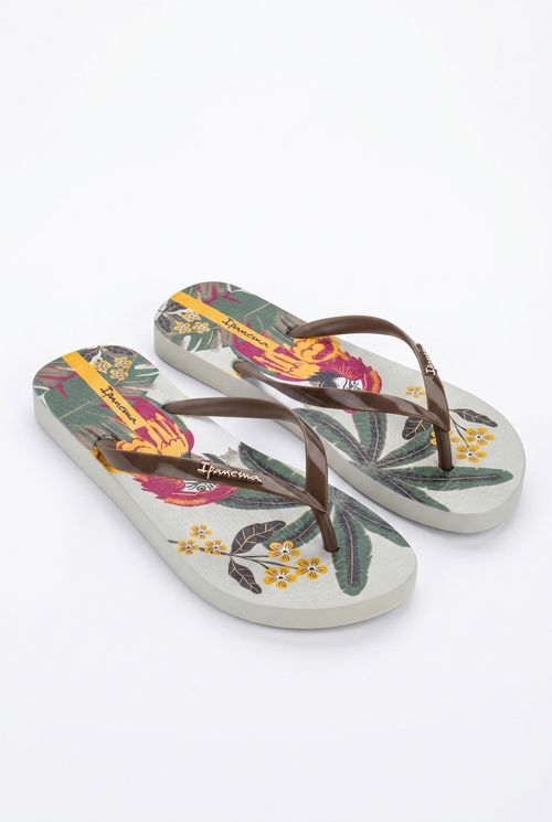 Chinelo Feminino Bege Estampa Tropical Papagaio