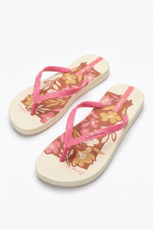 Chinelo Feminino Rosa e Bege Floral Tropical