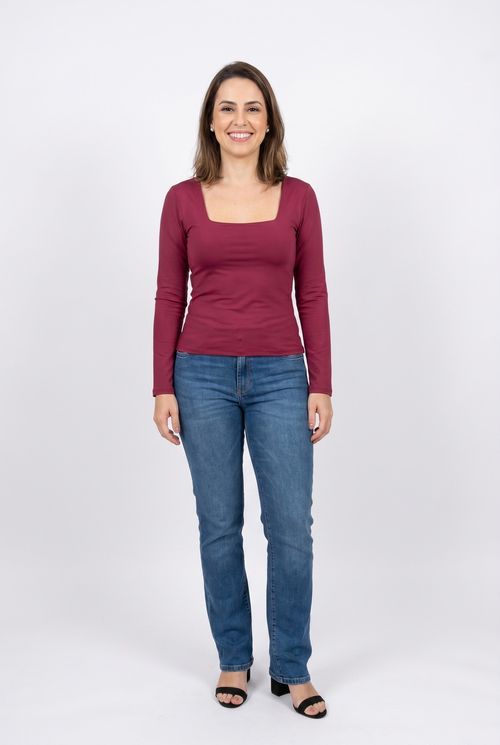 Blusa Feminina Decote Quadrado Manga Longa Vinho