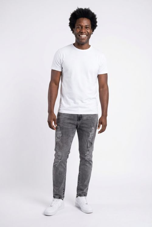 Calça Jeans Masculina Preto Lavado Skinny Destroyed