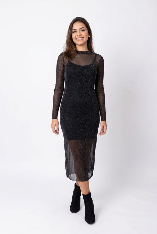 Vestido Midi Feminino Preto Tule Brilho Gola Alta Manga Longa