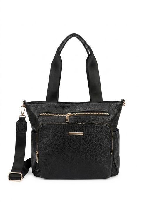 Bolsa de Ombro Feminina Preta Zíperes Dourados