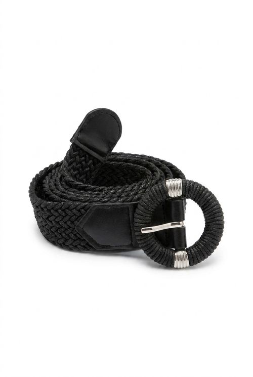 Cinto Feminino Preto Trançado com Fivela Redonda Envolta