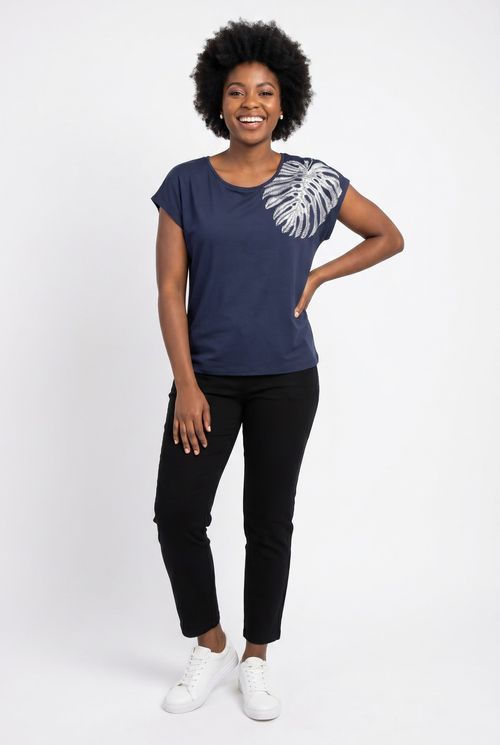 Blusa fem promo m/c visco loc foil azul azul escuro