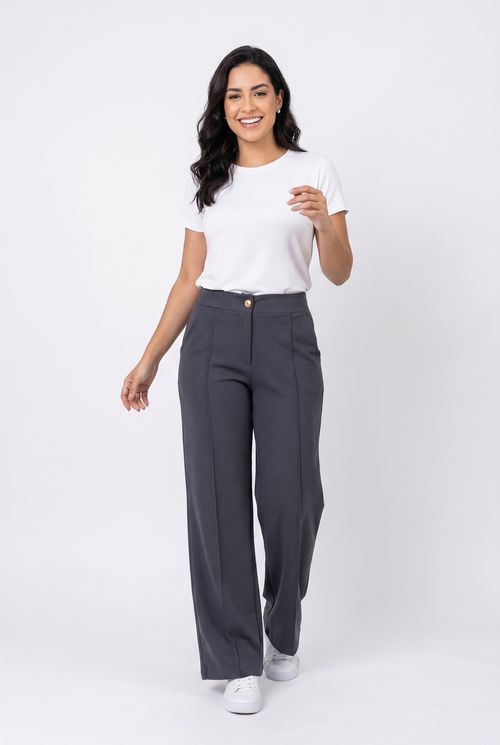 Calça Wide Leg Alfaiataria Feminina Cinza Escuro