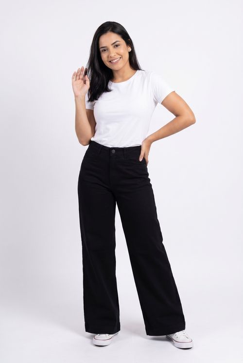 Calça Jeans Wide Leg Feminina Preta Essencial